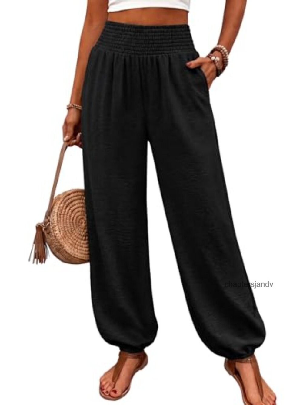 High Waist Smocked Harem Pants with Pockets